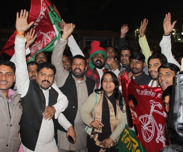 Akhilesh yadav supporter celebrates EC decision.