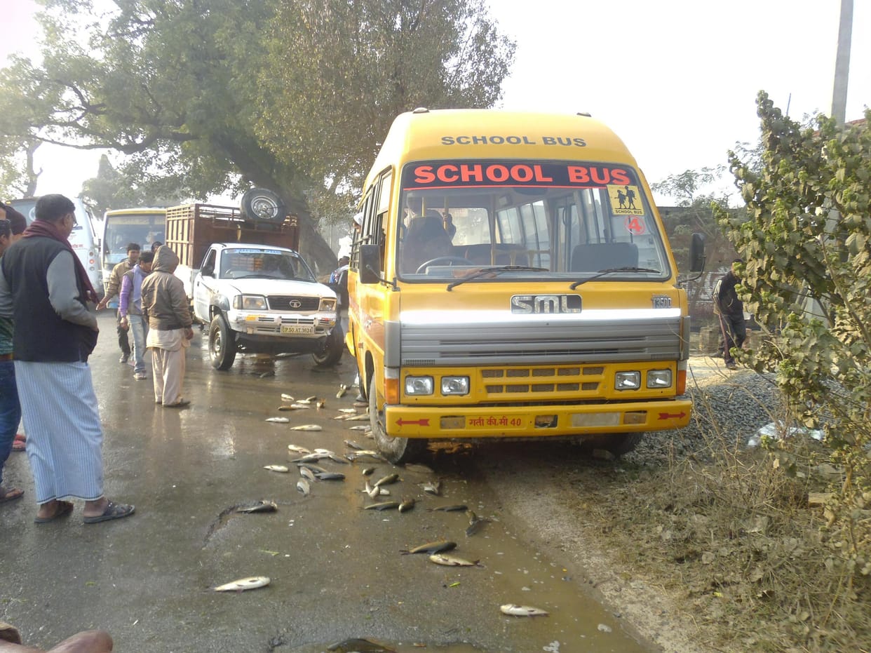 pickup accident in azamgarh, fish taken by people