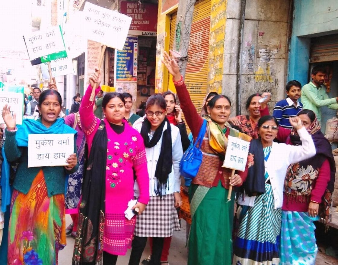 Women and girls march out against the BJP candidate