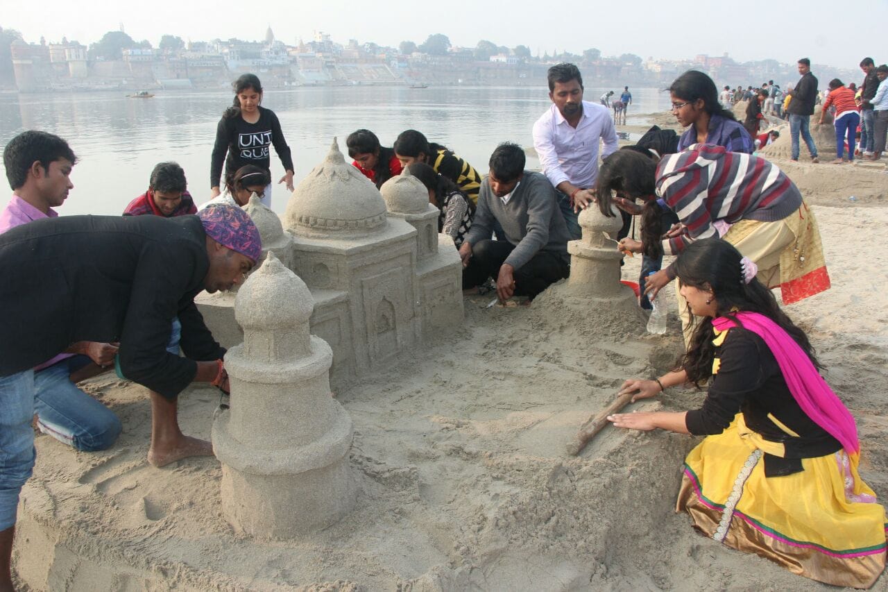 sand artist makes various art on ganga sand at varanasi