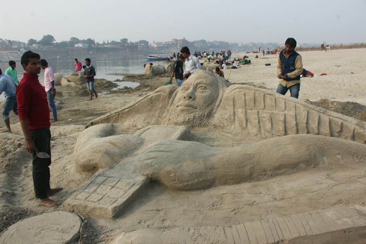 sand artist makes various art on ganga sand at varanasi
