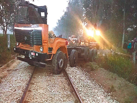 Chassis truck arrived on railway tracks railway fencing break