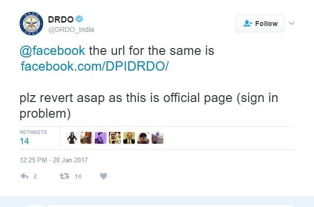 Unable to open facebook page, DRDO tweets to FB for help