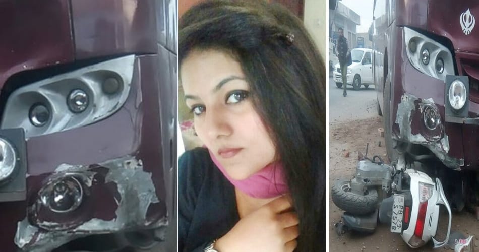 lady teacher was driving activa with headphone, hit by bus and killed at moga of punjab