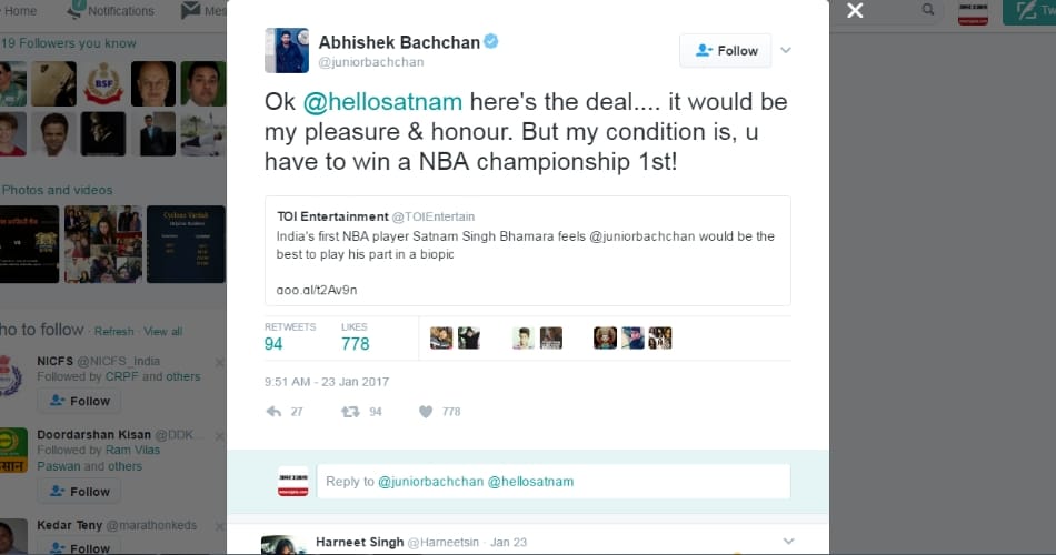 Abhishek Bachchan replied on satnam singh tweet