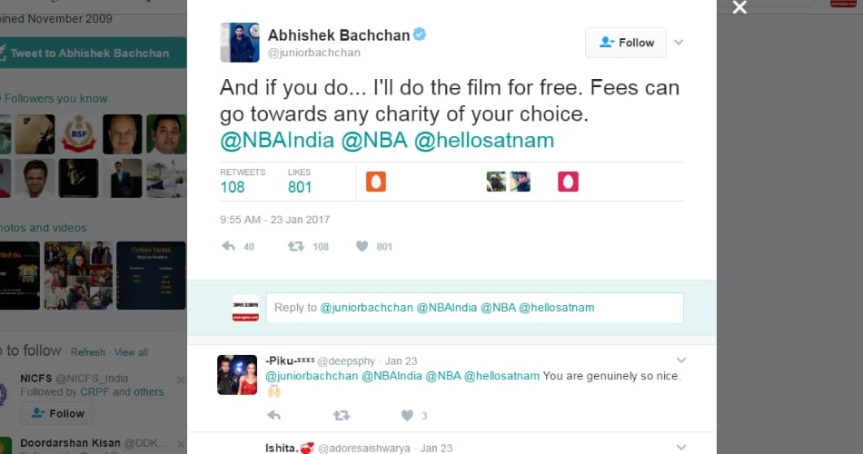 Abhishek Bachchan replied on satnam singh tweet