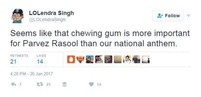 Indian cricketer Parvez Rasool chew chewing gums During national anthem