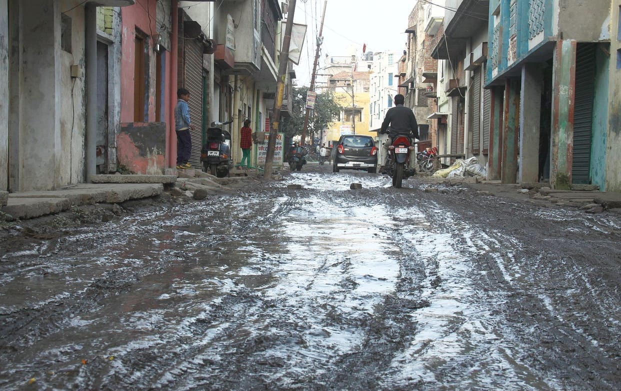 Mud on the road, water, taking the hassle passers