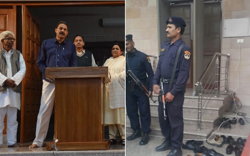mukhtar ansari and party leaders stand bare footed with mayawati
