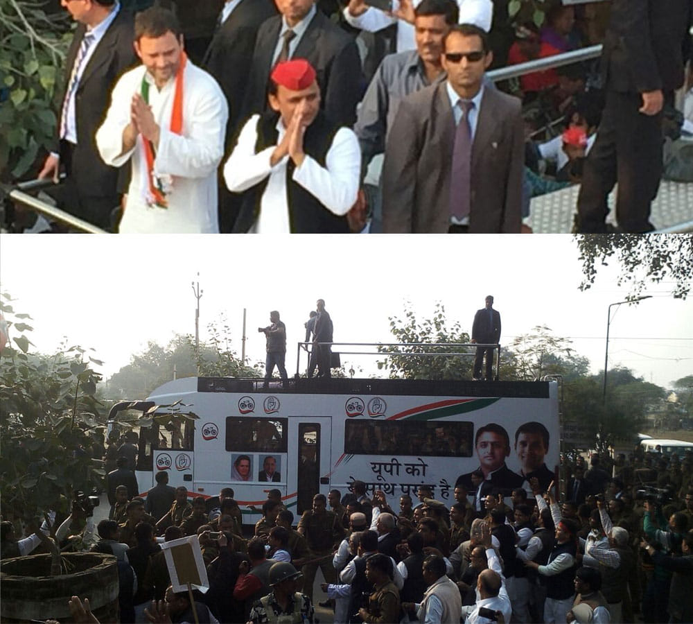 bull makes people run just before few minute of rahul and akhilesh road show