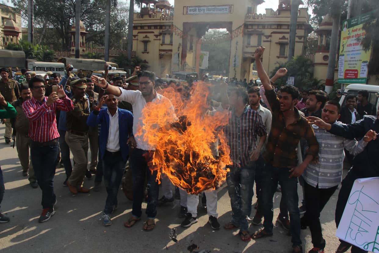 bhu student  Burnt effigies of jnu professor
