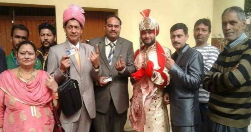 bride and groom reached at polling booth to cast vote for punjab assembly election