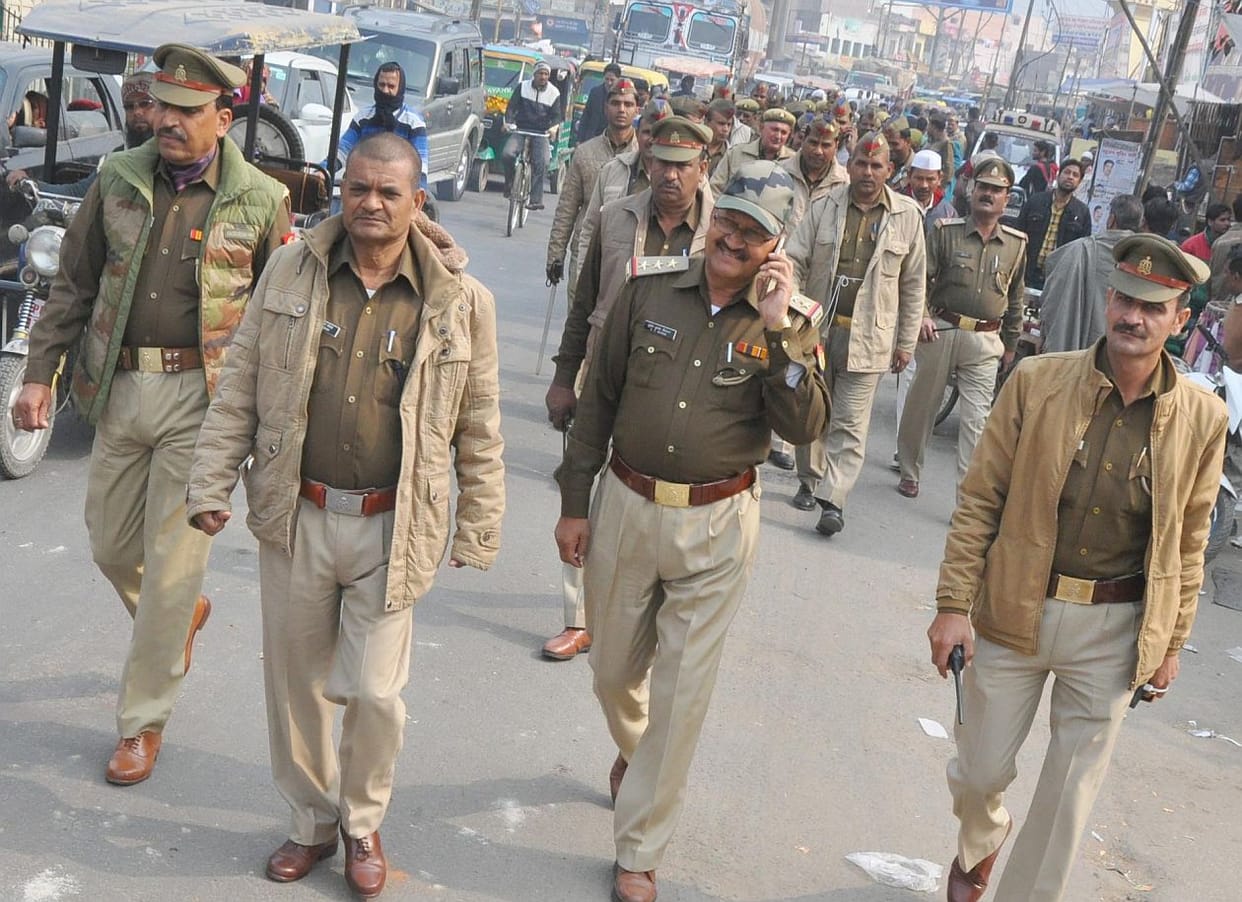 Police in Hapur route march.