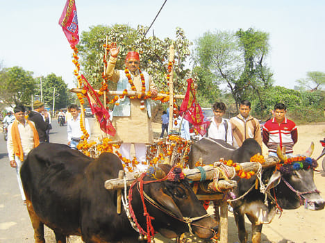 To enroll in a bullock cart arrived adorned with flowers