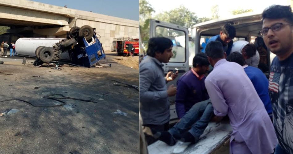gas tanker hits roadways bus at fatehabat highway, one death and two child missed