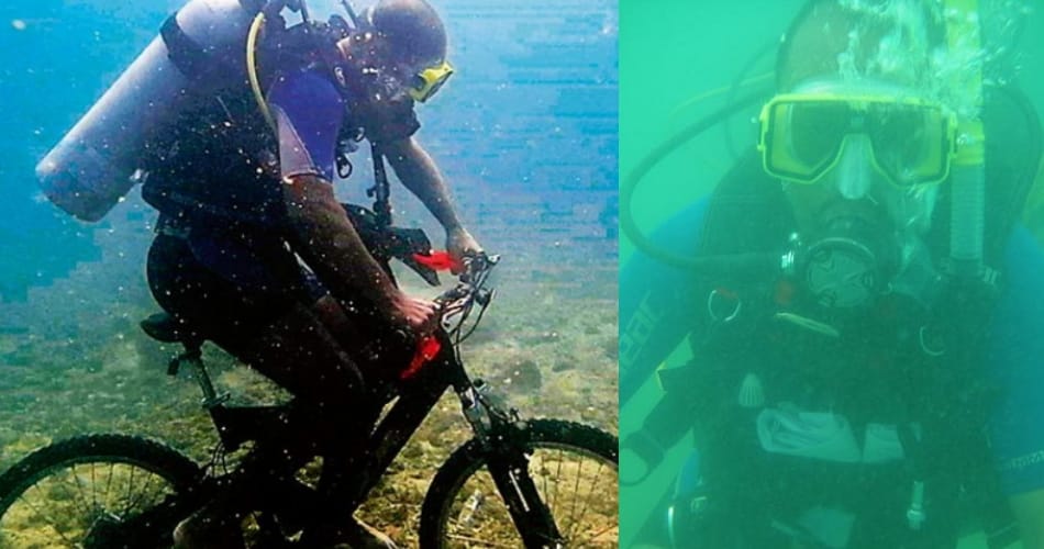 unique deed by chandigarh police incpector daljinder singh drives cycle under 30 feet in sea 