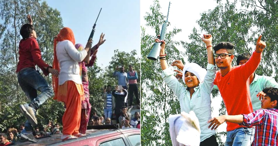 dance with rifles on haryana jat reservation protest place at rohtak of haryana