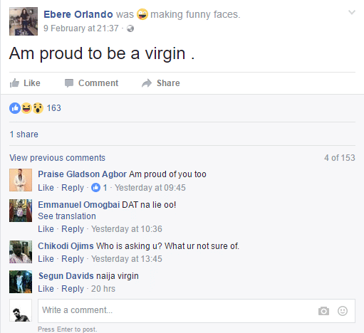 Nigerian girl write facebook post about her virginity, facebook troll