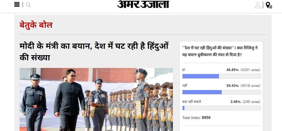 amar ujala poll: Rijiju's decline of hindus remark is not end of polarisation 