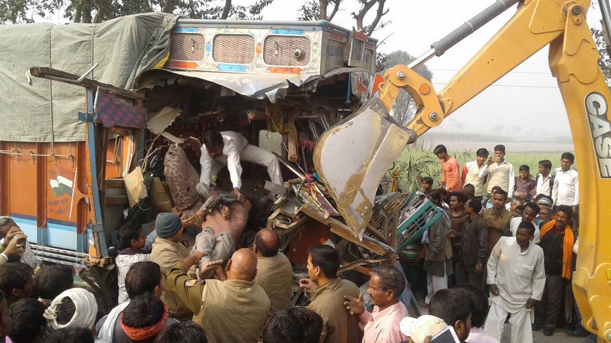 Bus and truck collision, driver killed