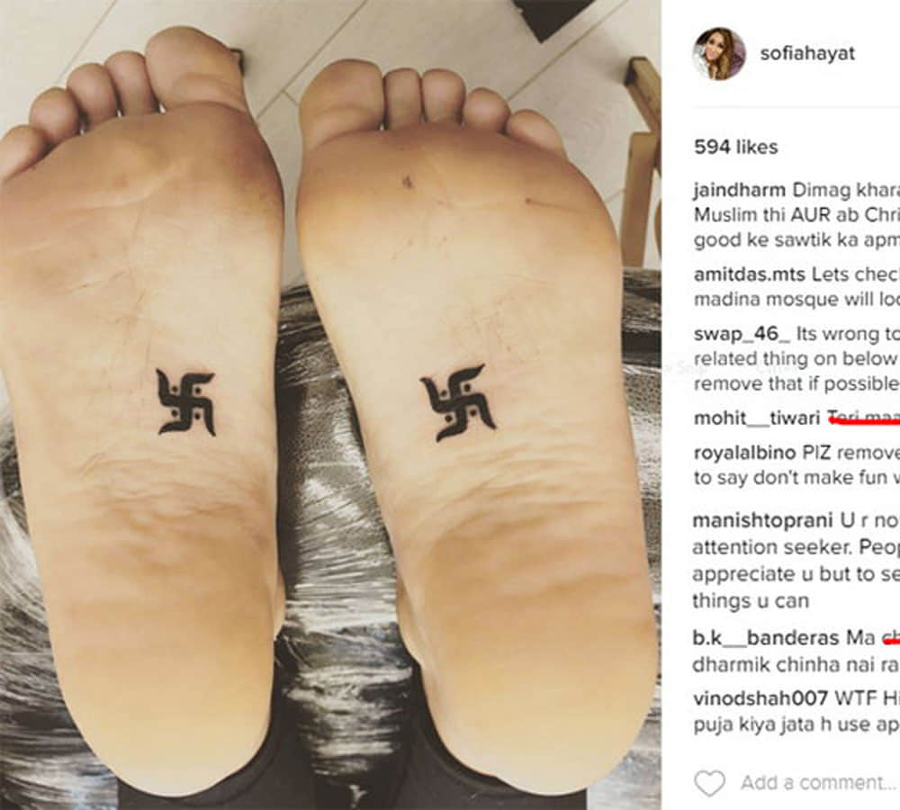 sofiya hayat swastik tatoo on feet