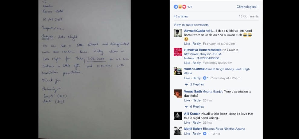 jnu kaveri hostel girls writes hilarious application to warden for late night outing