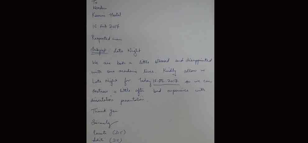 jnu kaveri hostel girls writes hilarious application to warden for late night outing