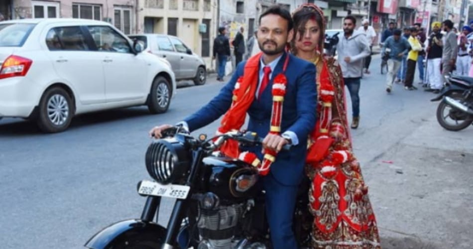 unique marriage on bullet, groom vickey bagga give big surprise to bride hina