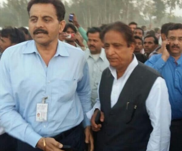  azam khan helicopter landed in a field.