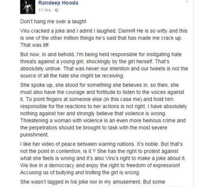 Randeep Hooda writes an open letter after being accused of bullying Kargil martyr’s daughter