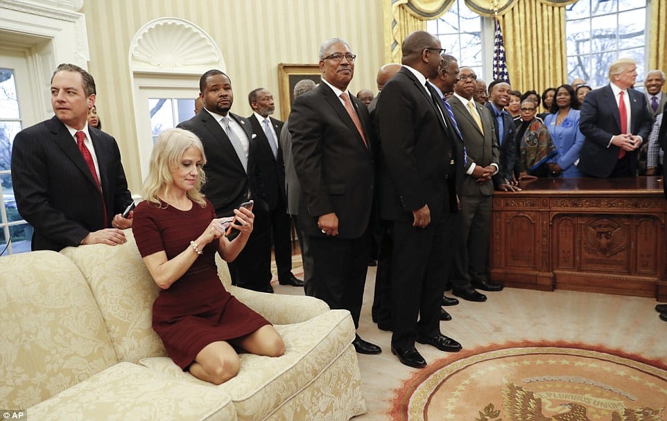 Trump's associate Kellyanne Conway sitting on sofa with heels, photo viral on social media