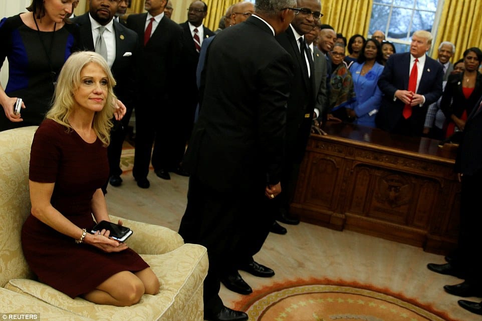 Trump's associate Kellyanne Conway sitting on sofa with heels, photo viral on social media