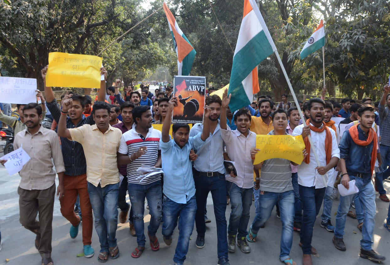 abvp students march procession against of left student wing