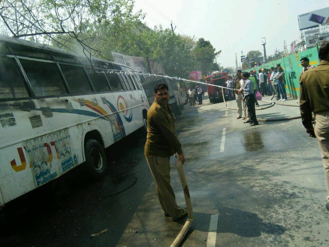 bus caught fire standing outside of gazipur police station