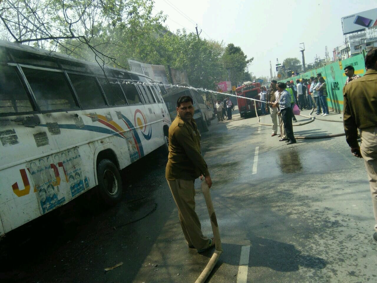 bus caught fire standing outside of gazipur police station