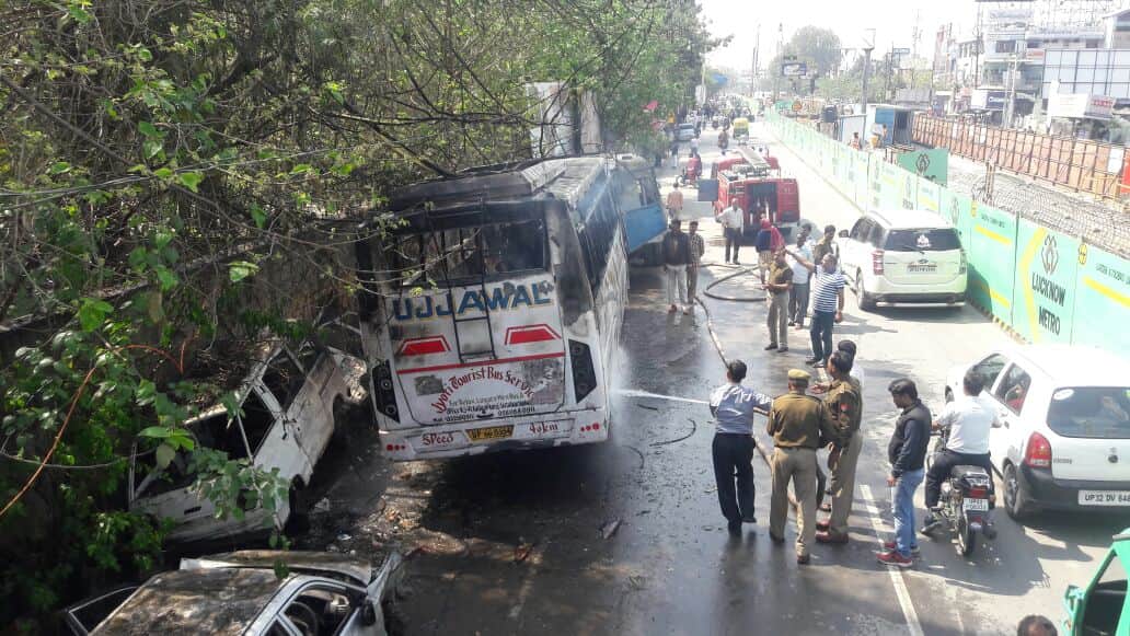 bus caught fire standing outside of gazipur police station