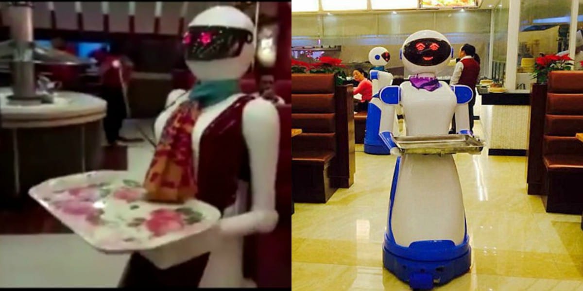 female robot serving food in Pakistani restaurant