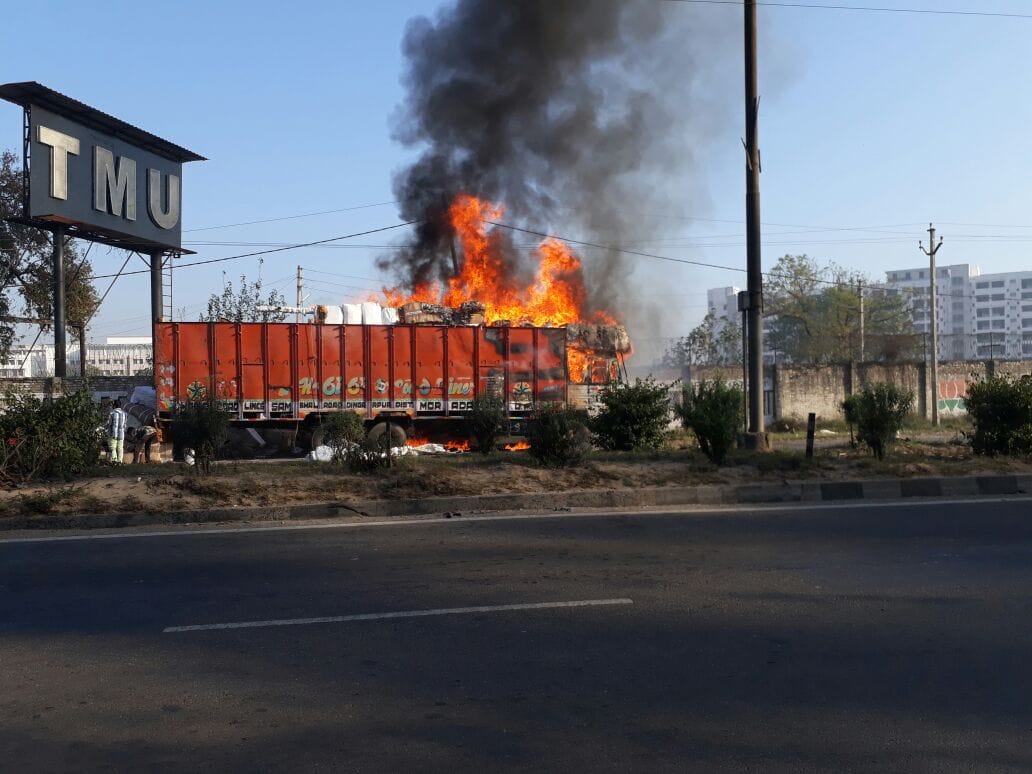 fire in truck on highway 