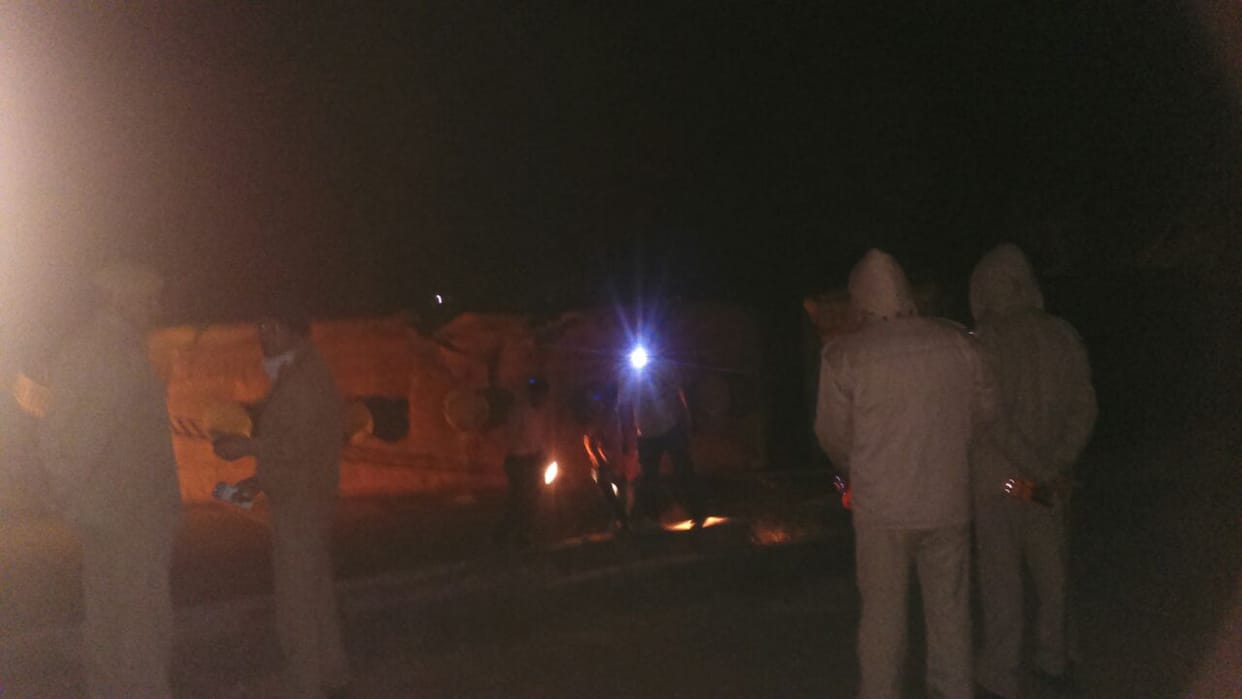 In jaipur Methyl gas tanker overturned on the delhi highway 