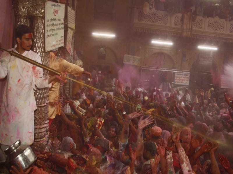 holi celebration in bankebihari temple