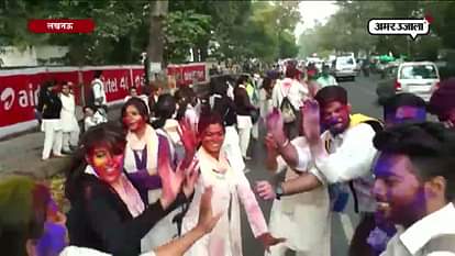 Students dancing on holi songs 