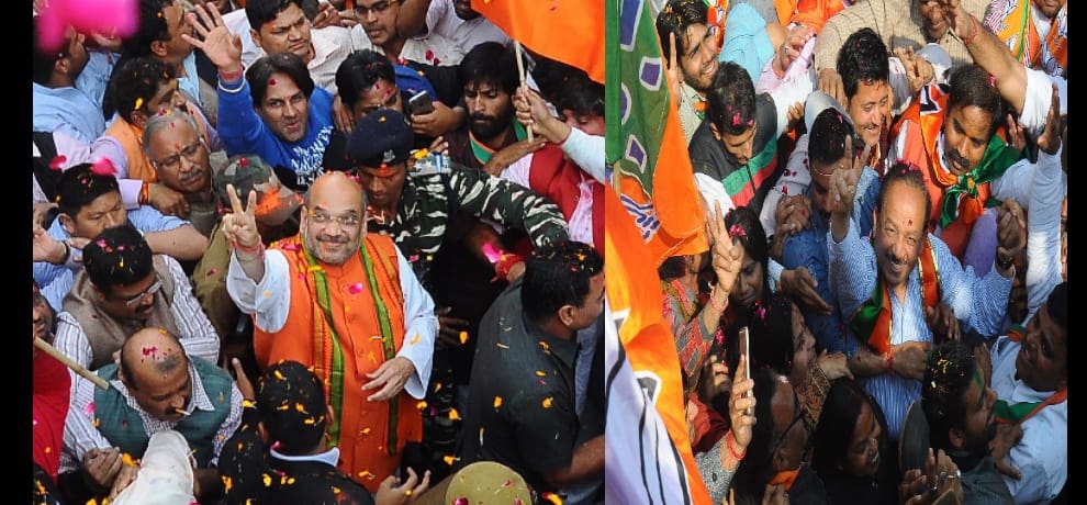 BJP's celebration: Amit Shah's floral showers, Modi and Shah's ambition come in the crowd