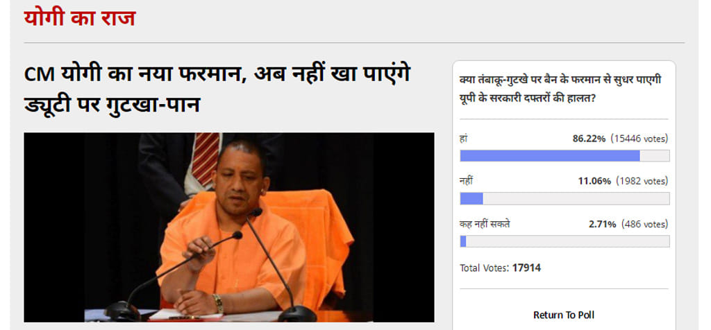 amar ujala poll: 86 percent of people say, yogi's step to ban tobacco in govt offices is right
