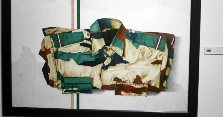 indian army jacket kneated with ball pen displayed at art exhibition at punjab kala bhawan