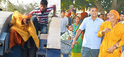 baba climbed on train and tried to catch current line for protesting in up's firozabad