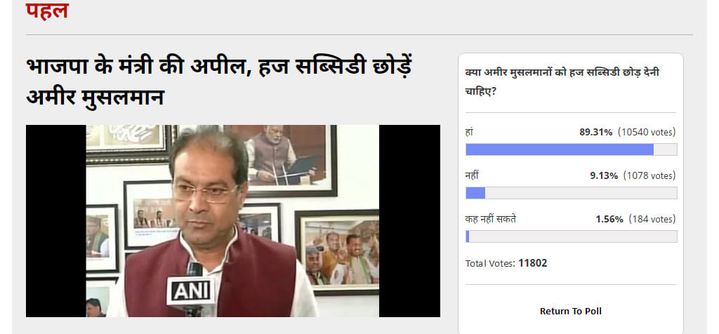 Amar Ujala Poll: Almost 90% readers vote that Rich muslims should leave haj subsidy