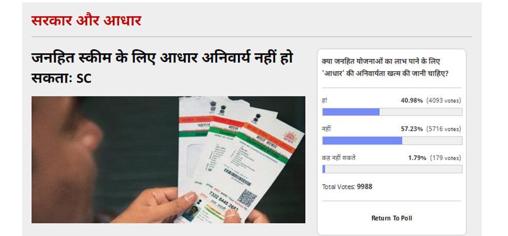 amar ujala polll, 57 percent peoples want aadhar will be mandatory for public interest schemes
