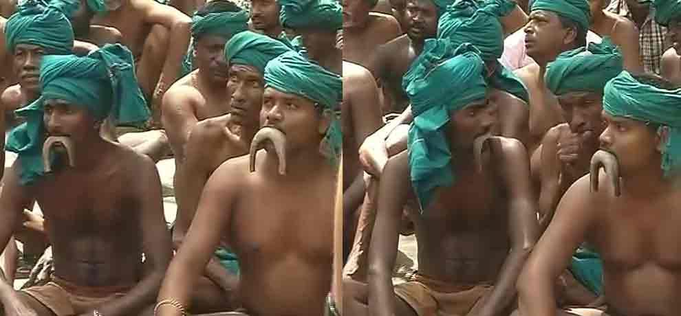 Farmers from Tamil Nadu, protesting at Jantar Mantar for drought relief fund holding snakes in mouth