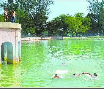 फैजाबाद में गर्मी से बचने के लिए भरतकुंड सरोवर में स्नान करते बच्चे ।