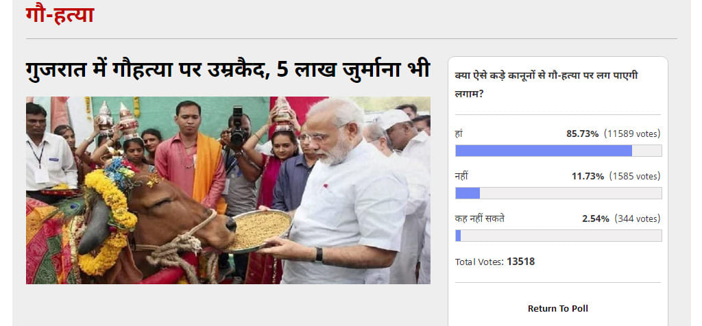  amar ujala poll: 85% Readers vote that cow protection acts will prevent cow slaughtering